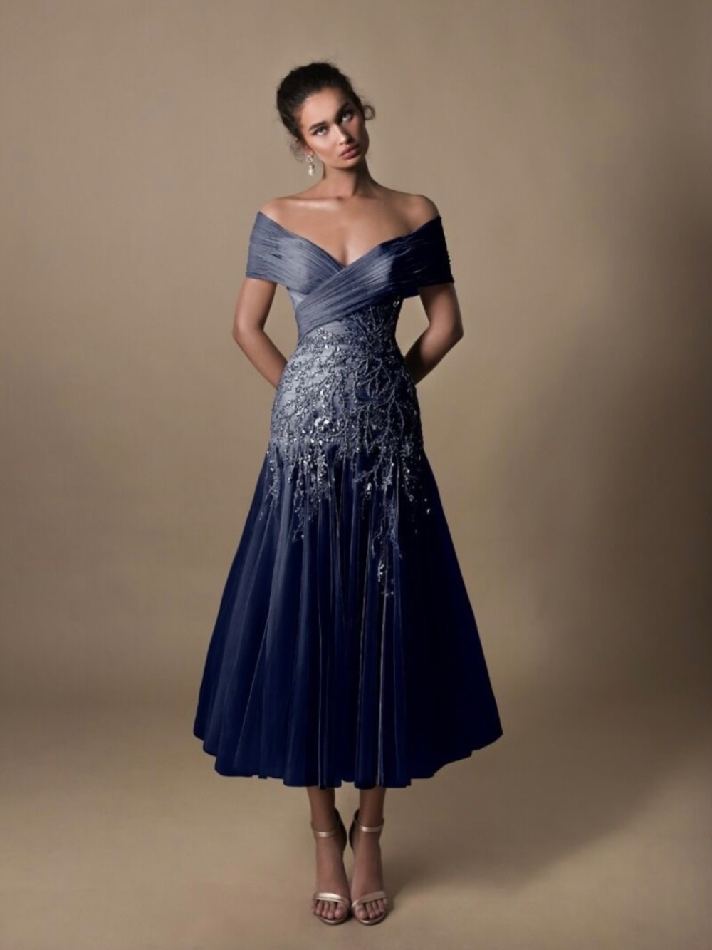 ✨✨NWT Tarik Ediz Off-the-Shoulder Beaded Tulle Tea-Length Dress | Navy Blue